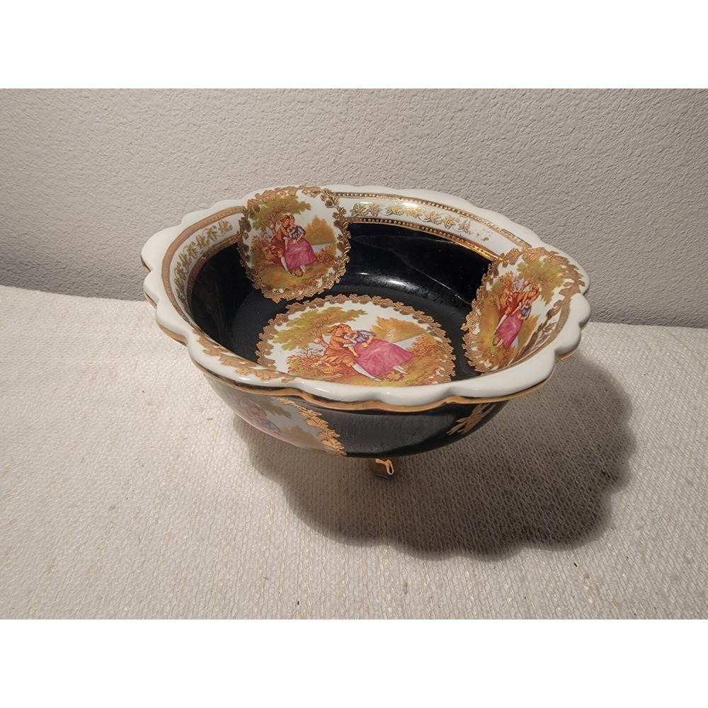 FRAGONARD VINTAGE COBALT GOLD EUROPEAN DESIGN DECORATIVE PORCELAIN BOWL‎
